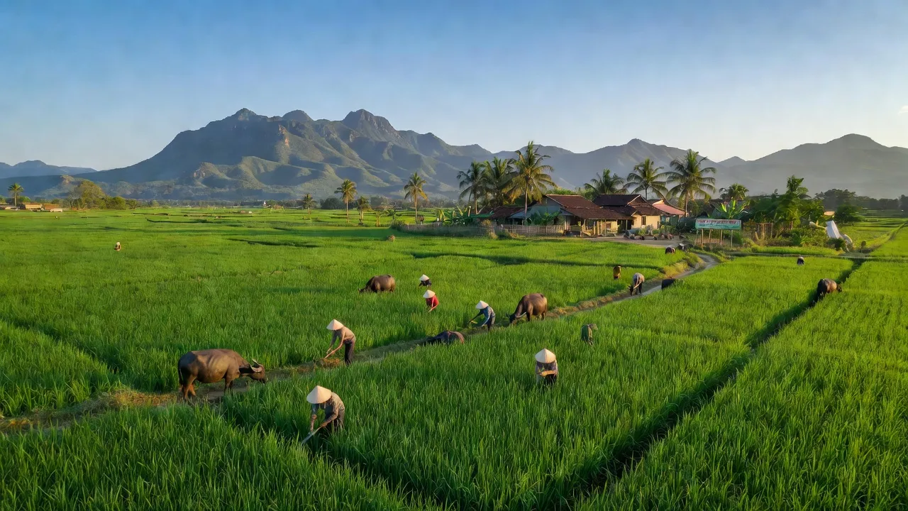 Cảnh đồng xanh và núi ở Mỹ Hiệp, Phù Mỹ, Bình Định, nông thôn Việt Nam yên bình.