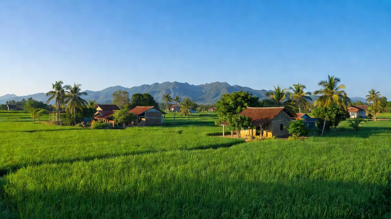 Cảnh quan xã Mỹ Lộc, huyện Phù Mỹ, Bình Định với cánh đồng xanh và bầu trời trong trẻo.