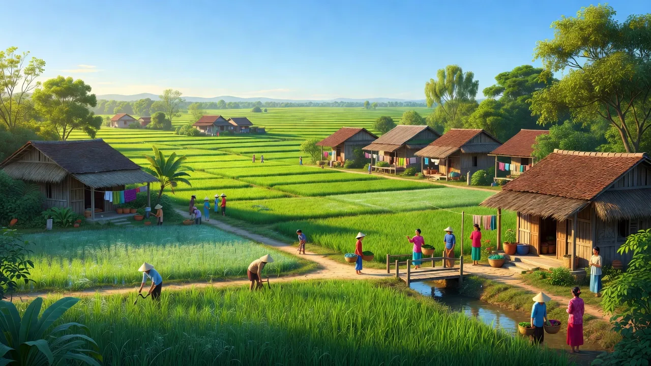 Cảnh đẹp xã Mỹ Lợi, huyện Phù Mỹ, Bình Định với đồng xanh và nhà truyền thống.