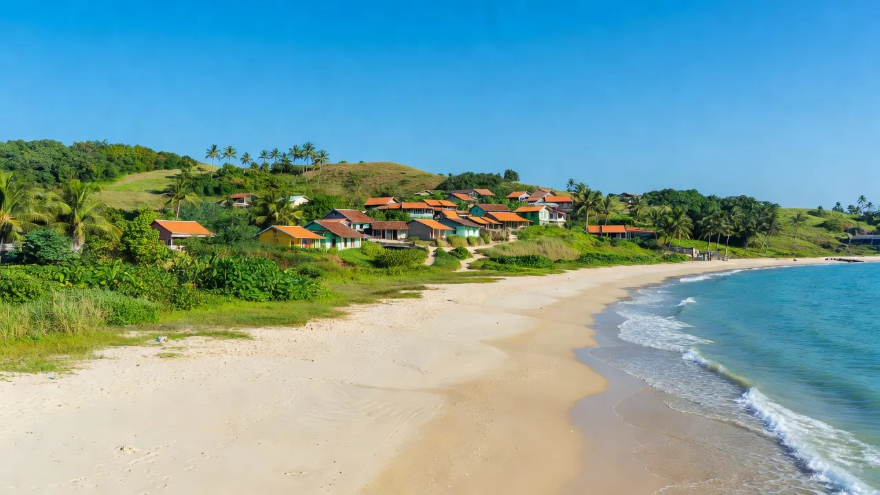 Cảnh biển Mỹ Phong, huyện Phù Mỹ với bãi cát trắng, cây cối xanh tươi và cảnh quan địa phương.