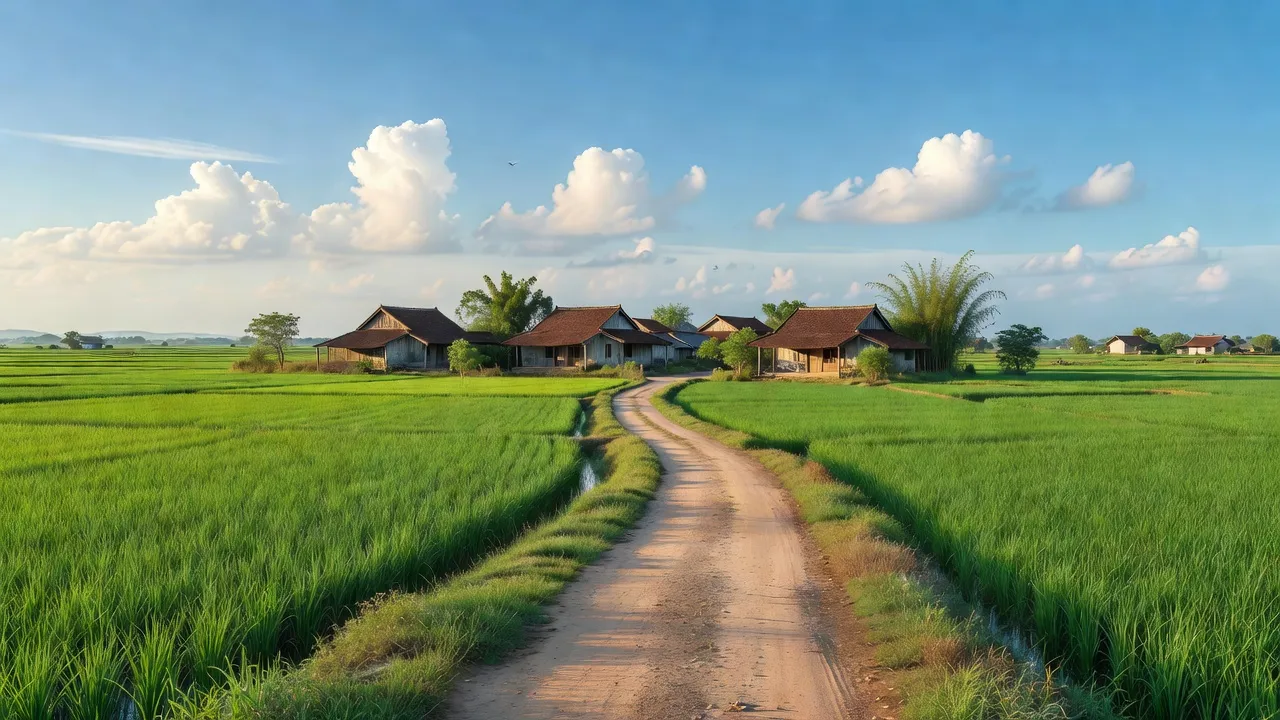 Khung cảnh yên bình xã Mỹ Tài, huyện Phù Mỹ, tỉnh Bình Định với cánh đồng xanh, nhà truyền thống.