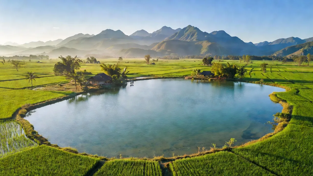 Xã Mỹ Thắng, huyện Phù Mỹ, tỉnh Bình Định với cánh đồng xanh và hồ nước trong vắt.