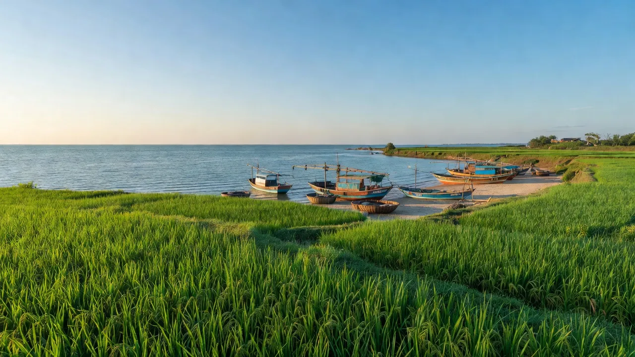 Cảnh đẹp xã Mỹ Thọ, huyện Phù Mỹ, tỉnh Bình Định với thuyền đánh cá và cánh đồng xanh.