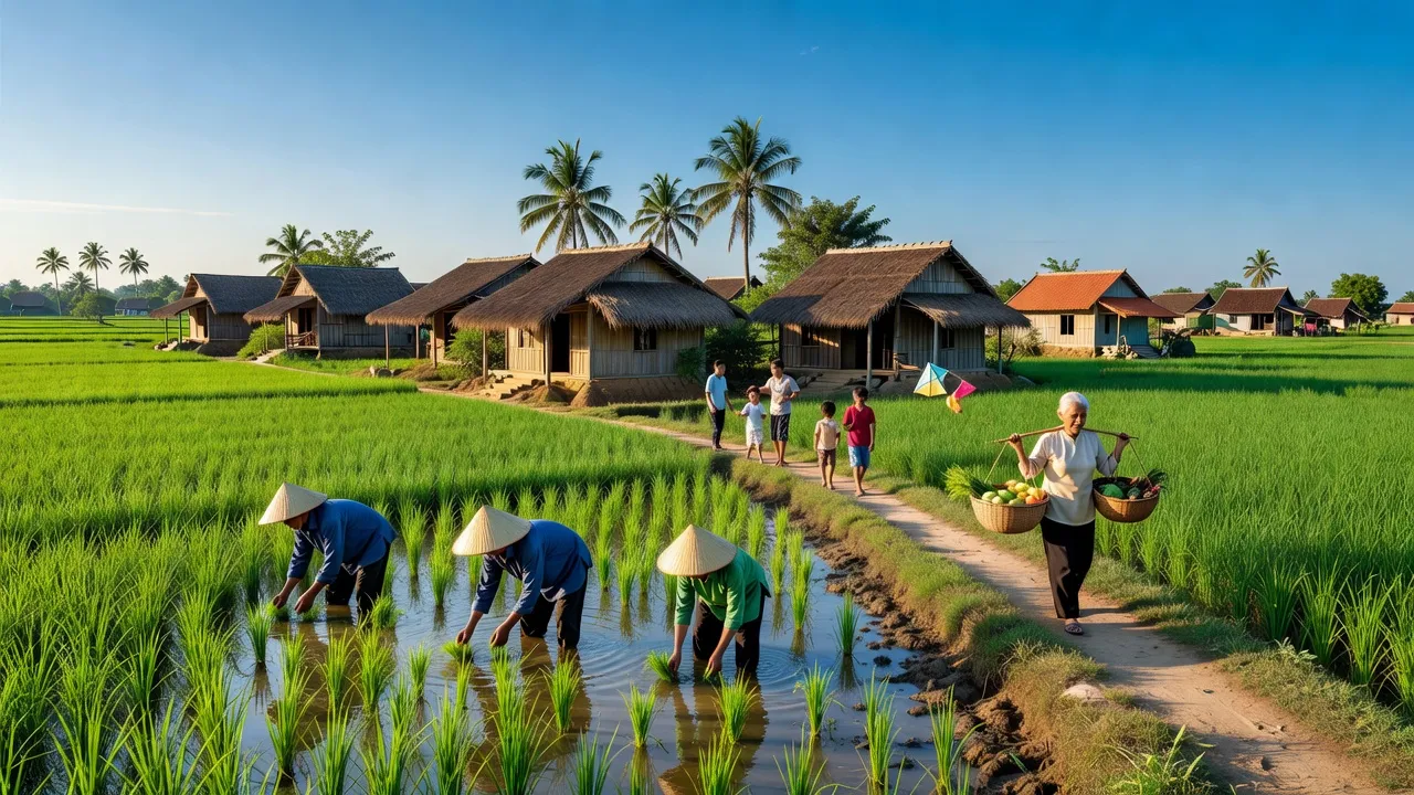 Khung cảnh làng Mỹ Thọ, huyện Phù Mỹ, tỉnh Bình Định với đồng xanh và nhà truyền thống.