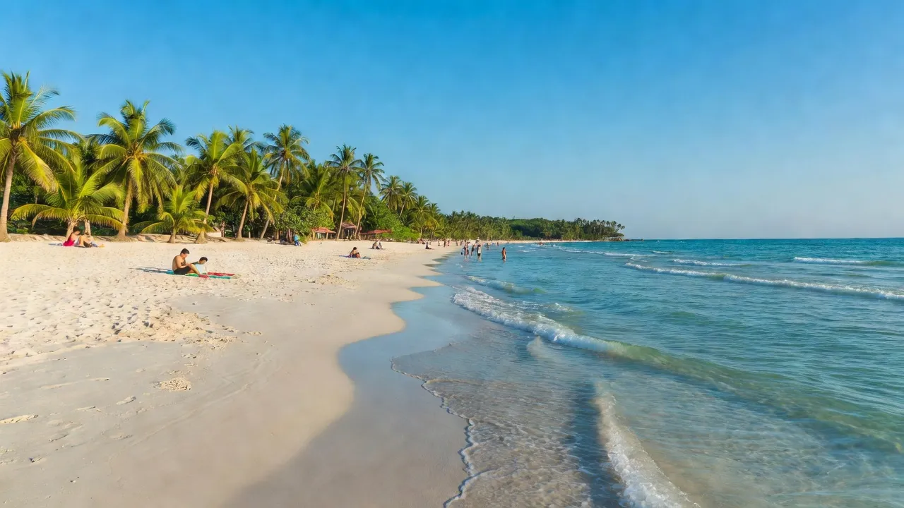 Bãi biển Mỹ Trinh, huyện Phù Mỹ, tỉnh Bình Định với cát trắng và biển xanh rõ ràng.