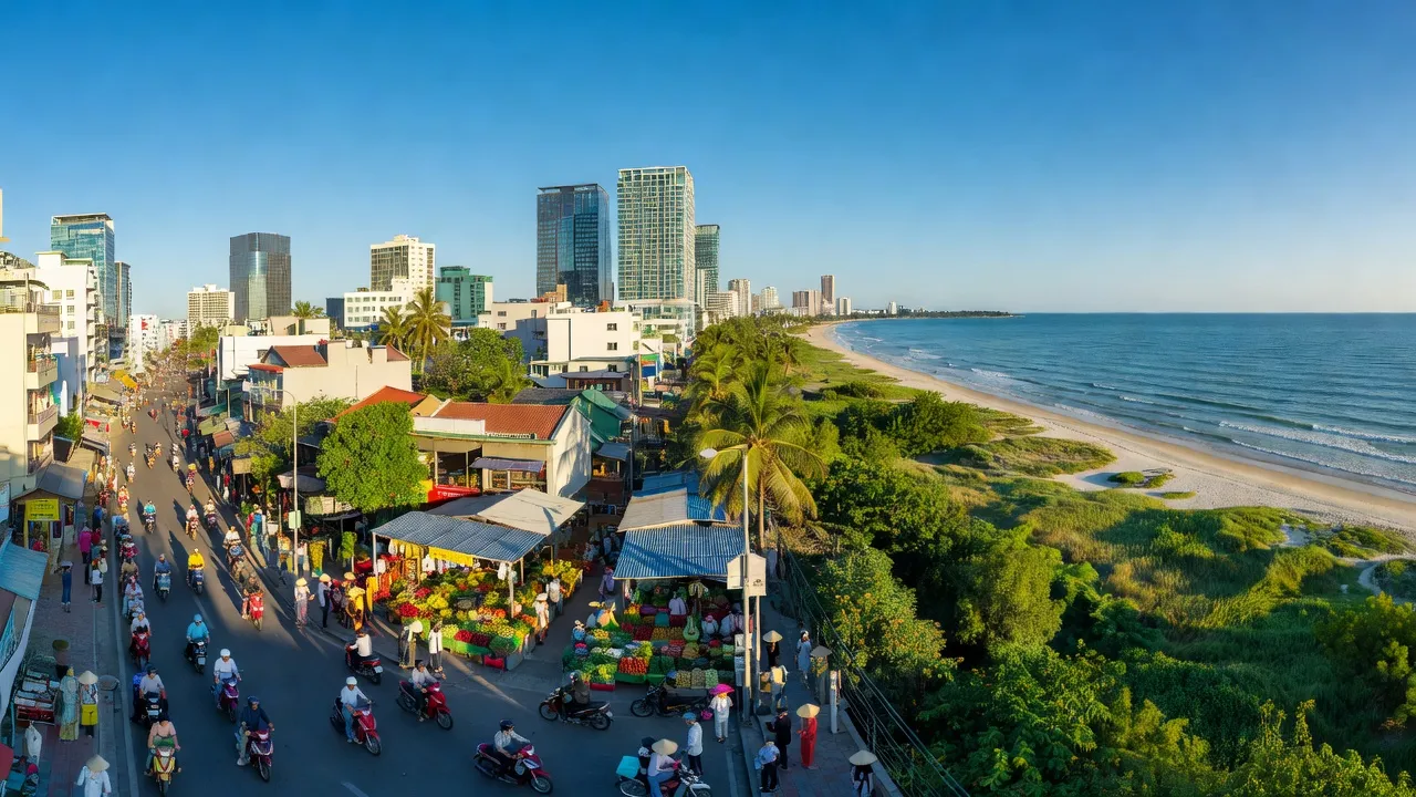 Khung cảnh thành phố Quy Nhơn, trung tâm văn hóa và kinh tế của tỉnh Bình Định với bờ biển đẹp.