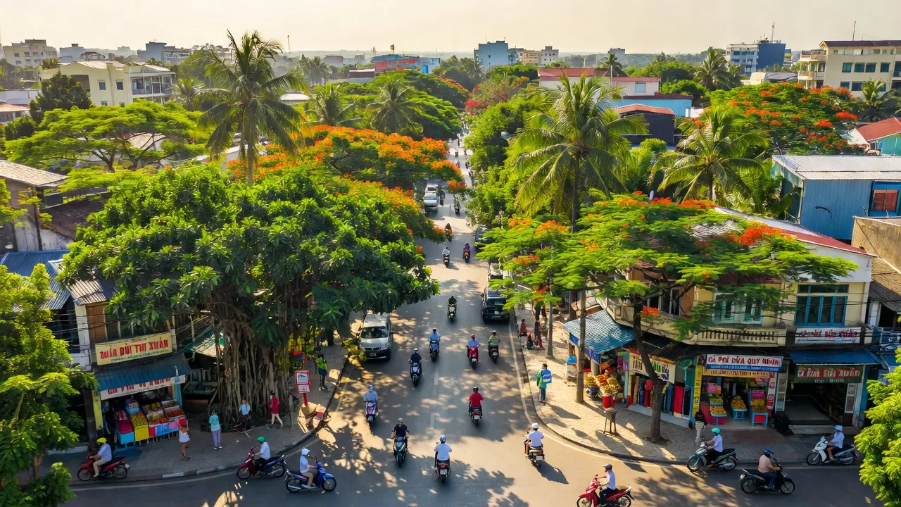Cảnh quan phường Bùi Thị Xuân, thành phố Quy Nhơn, Bình Định với cây xanh và đường phố sôi động.