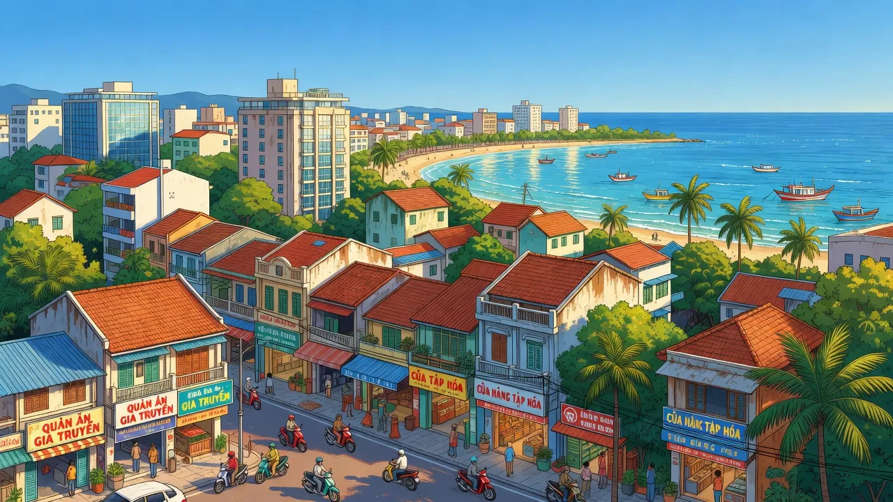 Phường Đống Đa, thành phố Quy Nhơn, Bình Định với đường phố nhộn nhịp và phong cảnh ven biển.