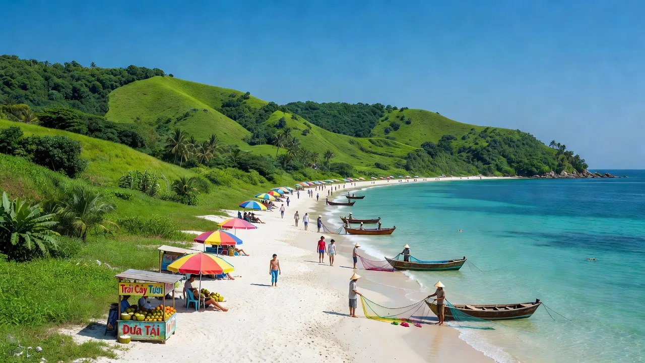 Khung cảnh đẹp mắt của phường Ghềnh Ráng, Quy Nhơn, với đồi núi và biển xanh, Việt Nam.