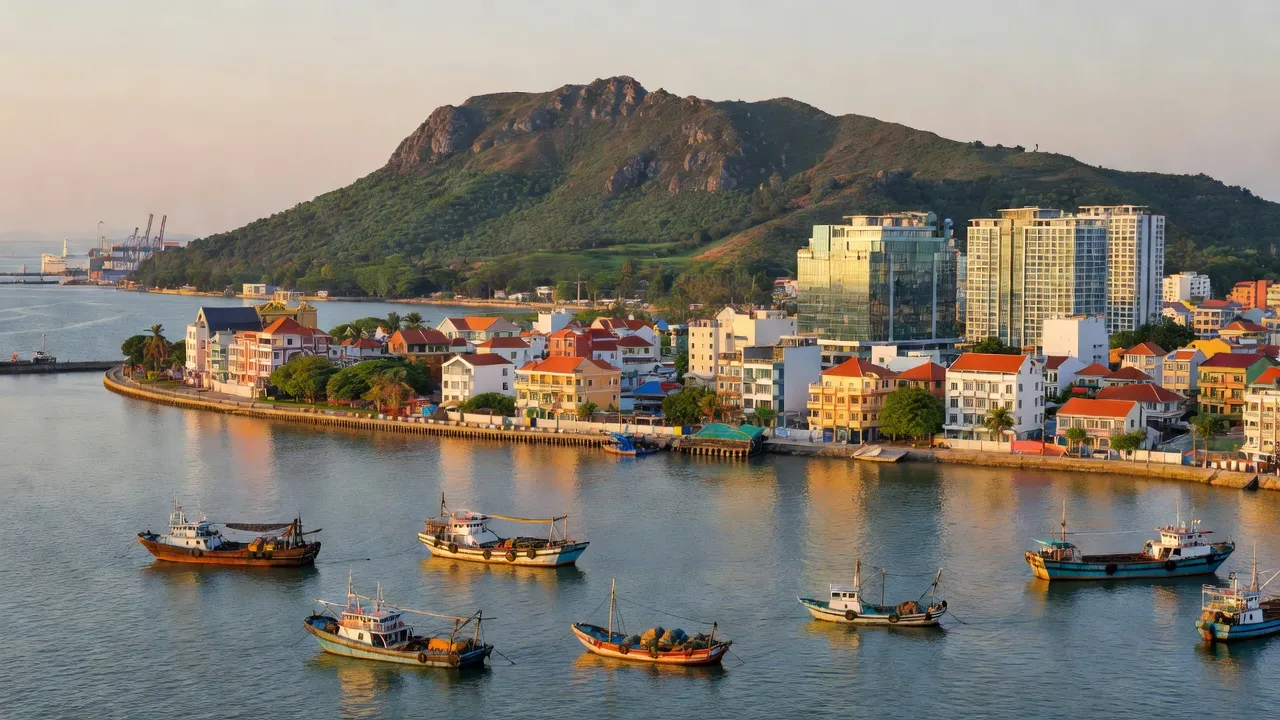 Khung cảnh Phường Hải Cảng, Thành phố Quy Nhơn với Đầm Thị Nại và núi Bà Hỏa gần kề.
