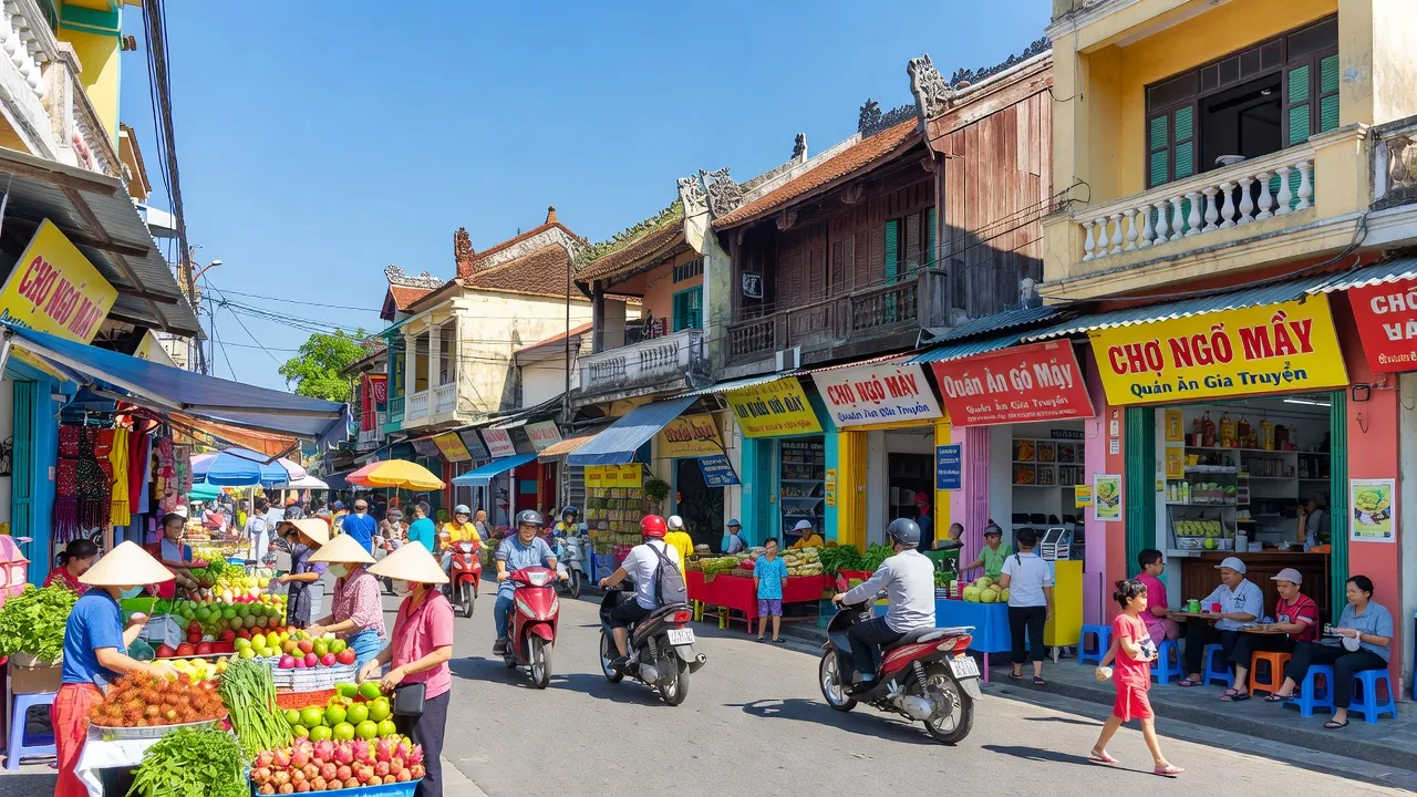 Khung cảnh phố Ngô Mây, Quy Nhơn với hoạt động hàng ngày và trời quang đãng.