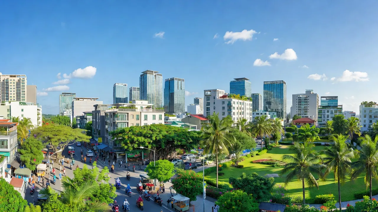 Khung cảnh phường Ngô Mây, Quy Nhơn, với tòa nhà hiện đại và không gian xanh mát, thời tiết đẹp.