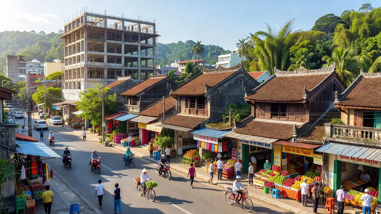 Khung cảnh đường phố sôi động tại Phường Nhơn Bình, Quy Nhơn, Bình Định, với kiến trúc truyền thống.
