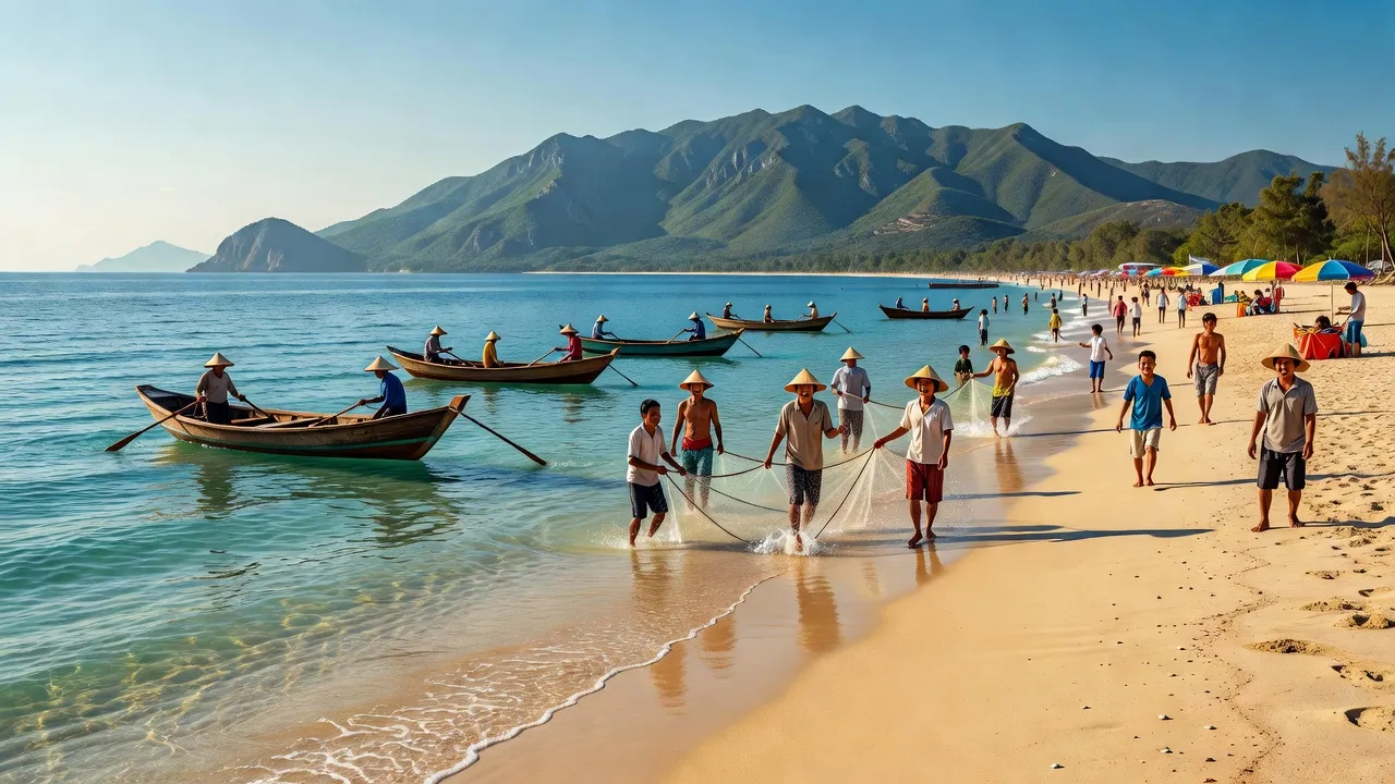 Khung cảnh biển Nhơn Châu, Quy Nhơn, với bờ cát trắng và nước trong xanh.