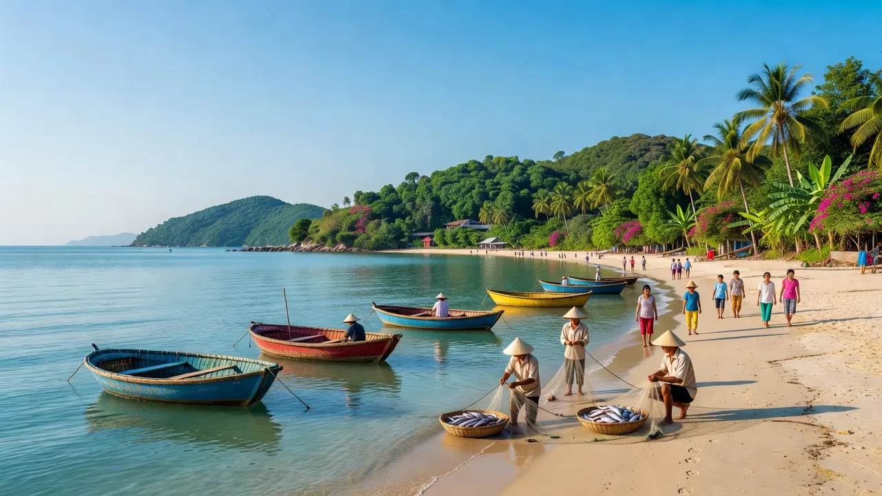 Khung cảnh biển Nhơn Hải, Quy Nhơn với thuyền đánh cá và bầu trời xanh, thể hiện cuộc sống cộng đồng.