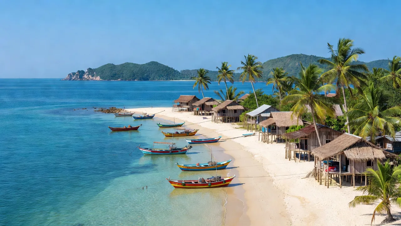 Khung cảnh ven biển xã Nhơn Hải, Quy Nhơn với làng chài truyền thống và biển xanh trong.