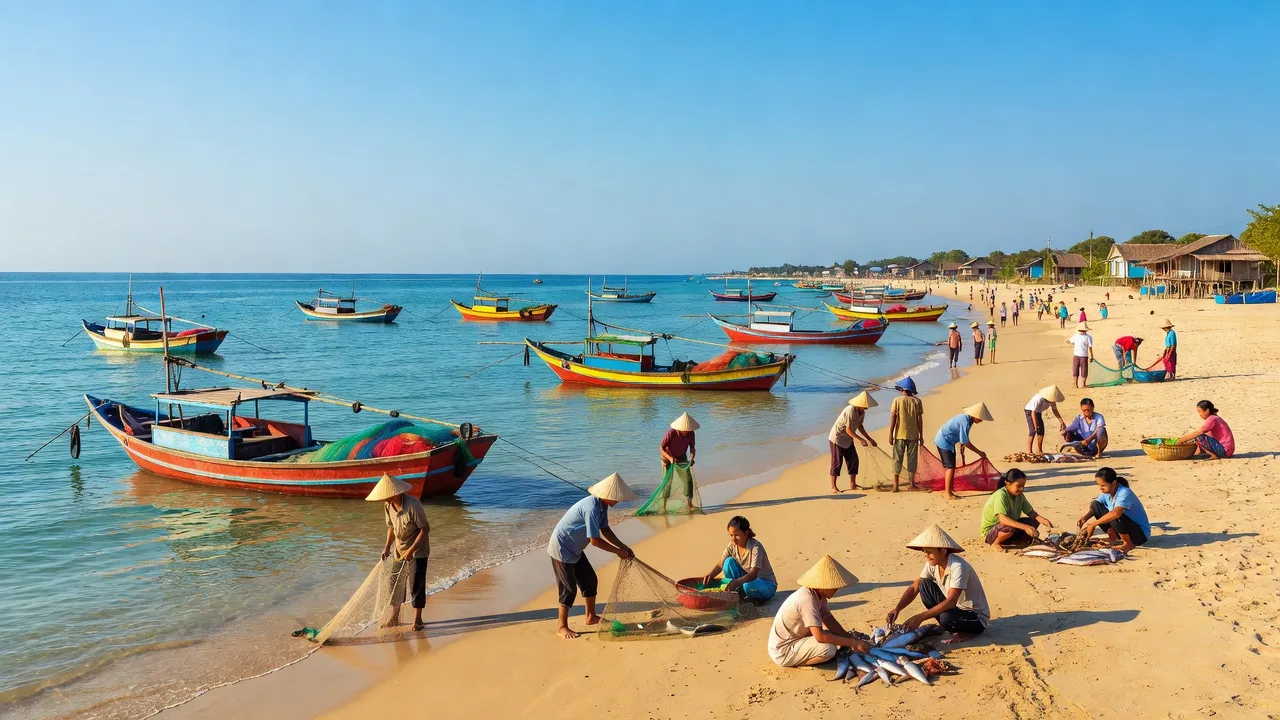 Cảnh biển Nhơn Lý, Quy Nhơn với thuyền đánh cá và bãi biển trong xanh, đặc trưng văn hóa vùng biển.