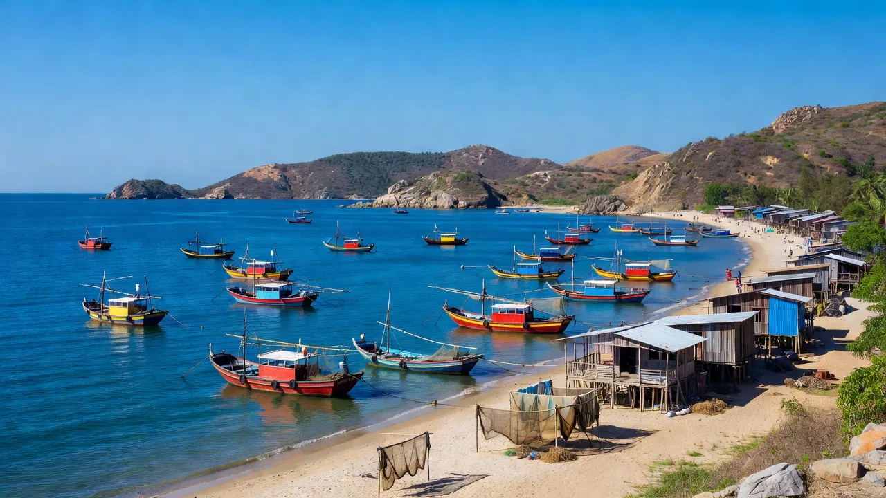 Khung cảnh Xã Nhơn Lý, tỉnh Bình Định với làng chài và biển xanh trong xanh.