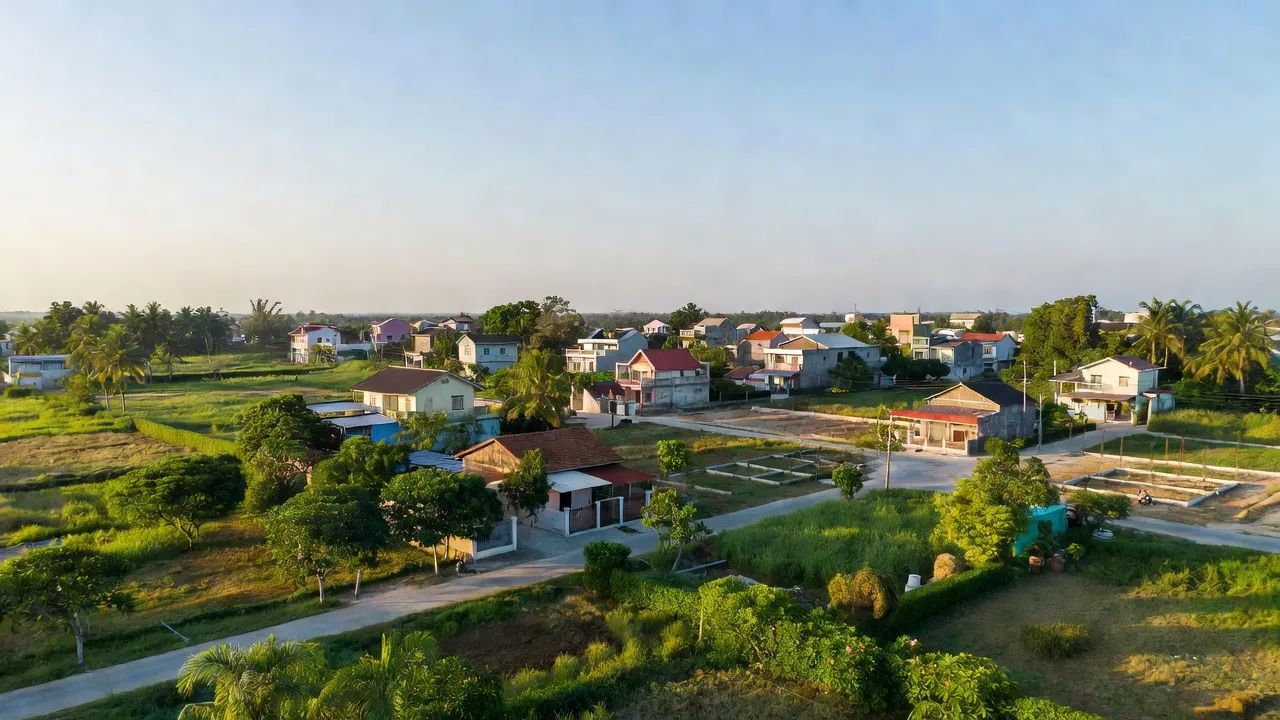 Khung cảnh xã Phước Mỹ, Quy Nhơn với thôn xóm yên bình, cây xanh và hạ tầng quy hoạch, natural beauty.