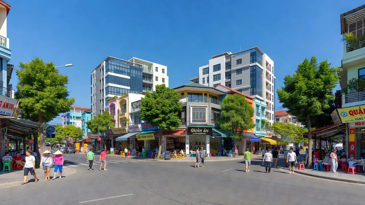 Quang Trung ward in Quy Nhon, modern buildings and bustling street life in Binh Dinh.