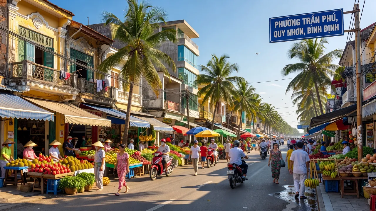 Khung cảnh sống động tại Phường Trần Phú, Quy Nhơn với kiến trúc và hoạt động hàng ngày.