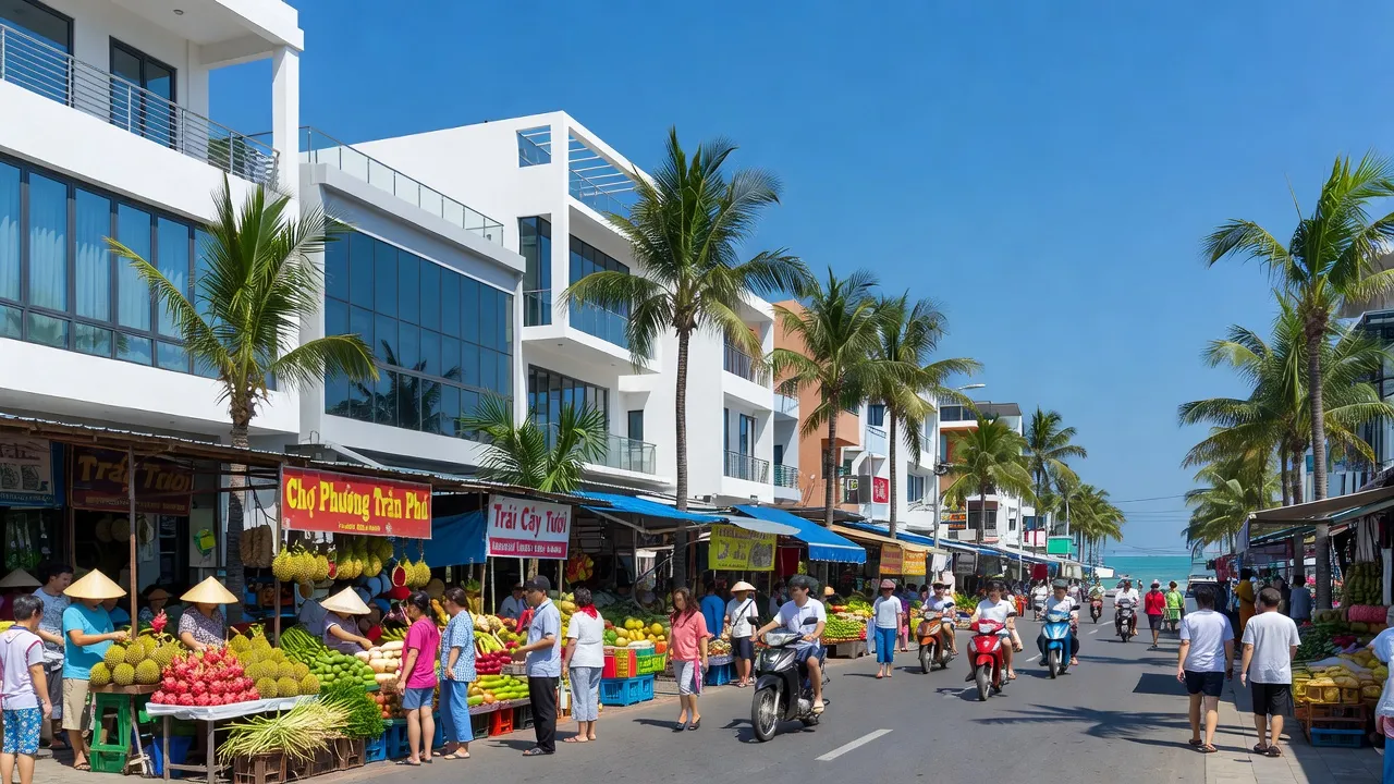 Phường Trần Phú, Quy Nhơn với cảnh phố thị nhộn nhịp, cây cọ và bầu trời xanh trong.