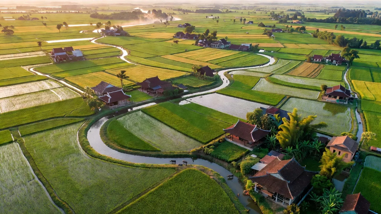Huyện Tây Sơn, tỉnh Bình Định với sông Côn, cánh đồng xanh mướt và nhà truyền thống.