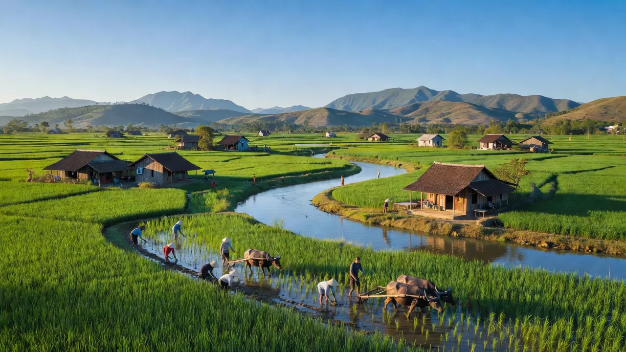Khung cảnh huyện Tây Sơn, tỉnh Bình Định với sông Côn và cánh đồng xanh tươi.