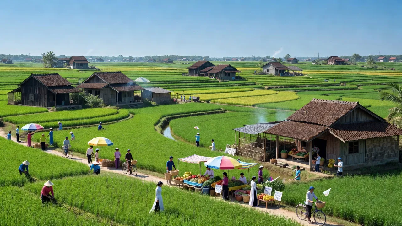 Bình Hòa, Tây Sơn, Bình Định với cánh đồng xanh và hoạt động cộng đồng sôi nổi.