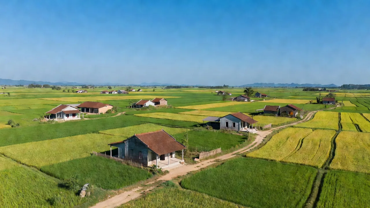 Cảnh đồng bằng xã Bình Nghi, huyện Tây Sơn, tỉnh Bình Định với nhà cửa nông thôn và bầu trời trong xanh.