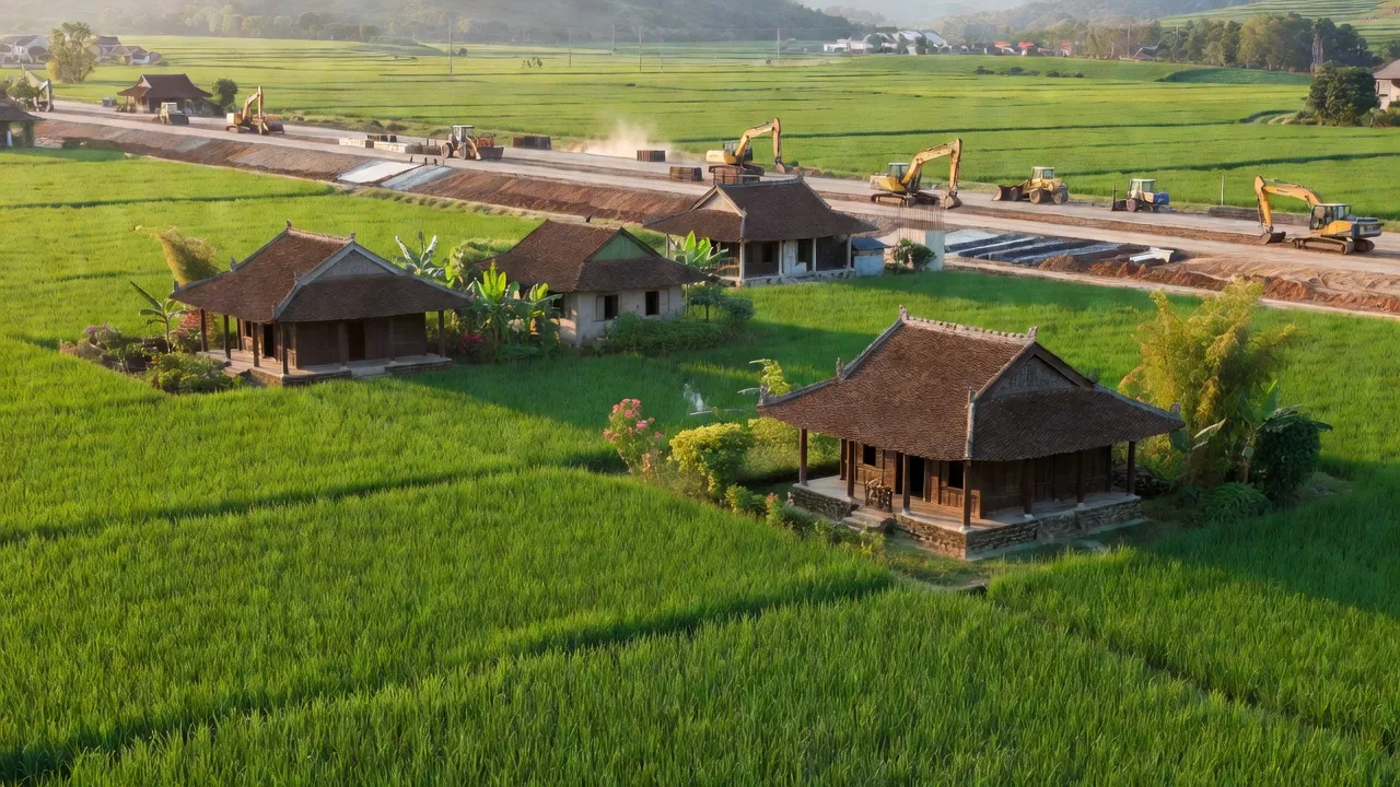 Cảnh nông thôn xã Bình Tân, huyện Tây Sơn, tỉnh Bình Định với cánh đồng và nhà truyền thống.