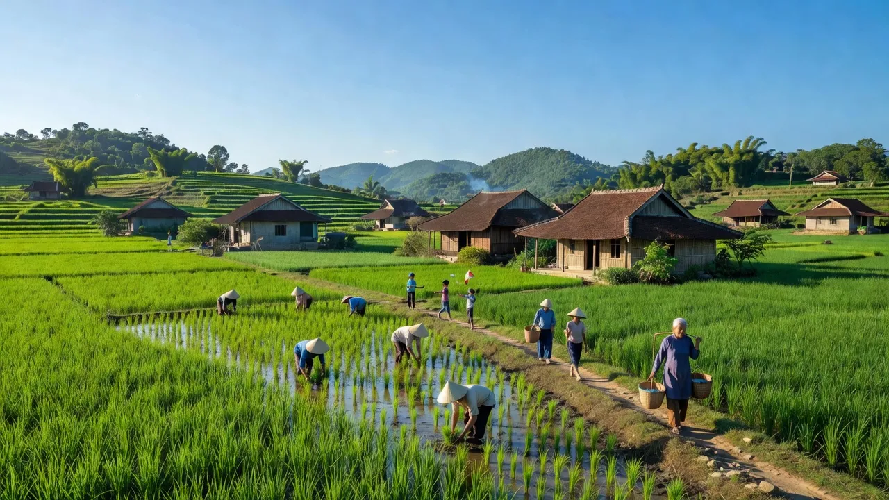 Cảnh đẹp xã Bình Thành huyện Tây Sơn, Bình Định với cánh đồng xanh mướt và nhà truyền thống.