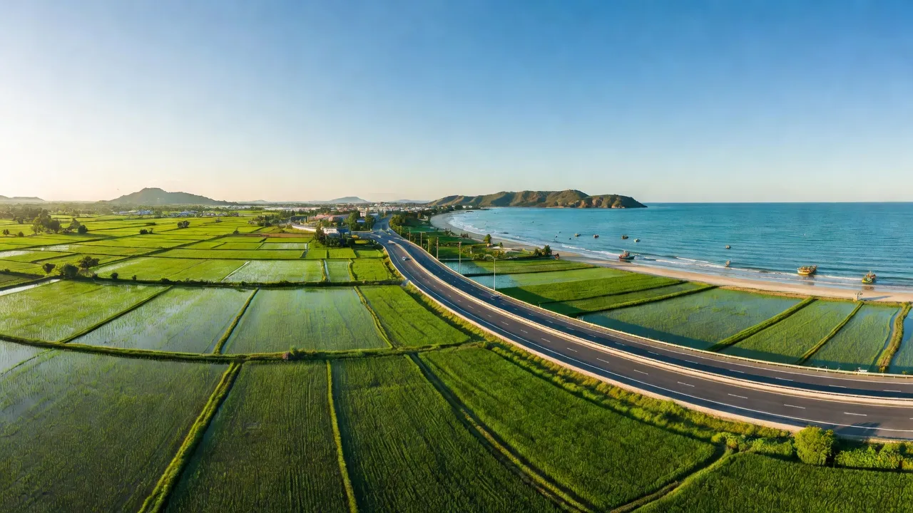 Cảnh đồng quê xã Bình Thuận, huyện Tây Sơn, tỉnh Bình Định với cánh đồng xanh và cao tốc hiện đại.