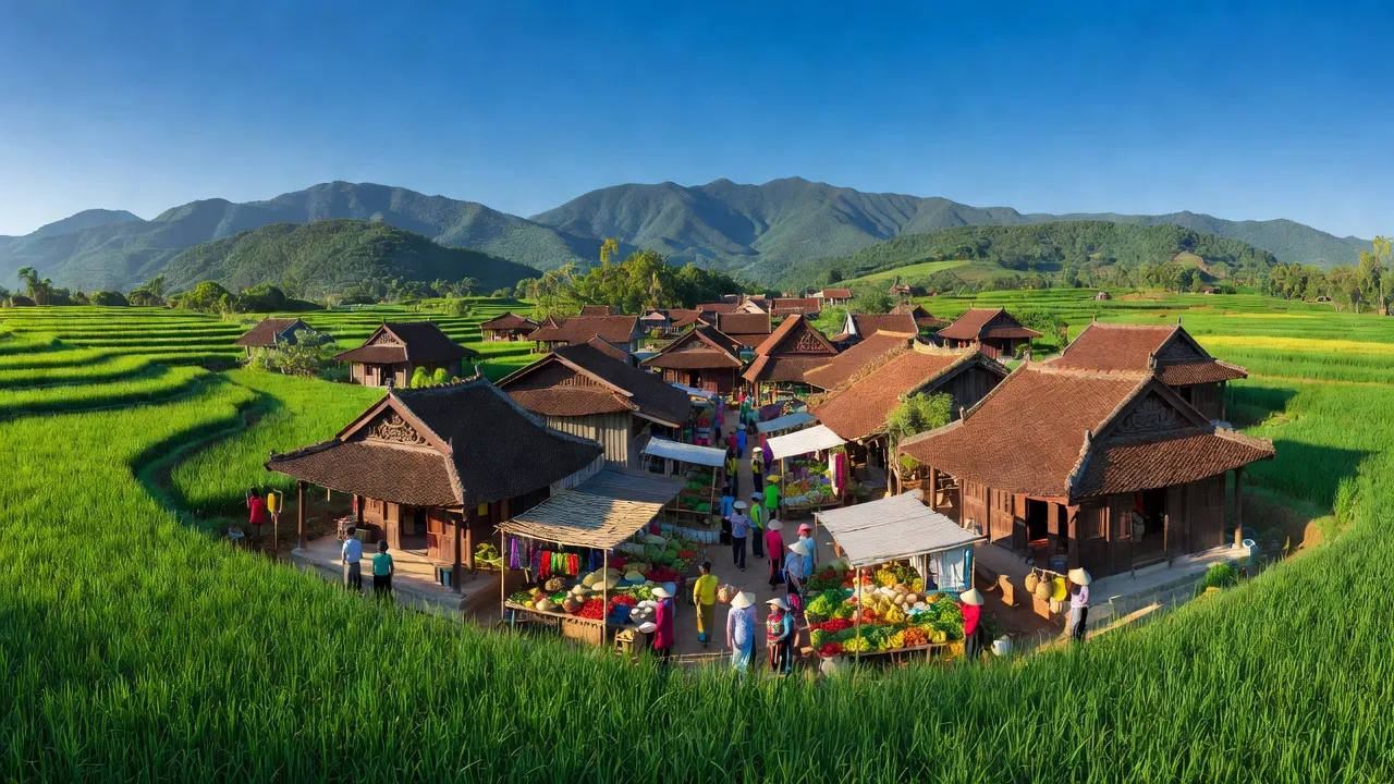 Toàn cảnh xã Bình Tường, huyện Tây Sơn, Bình Định với cánh đồng xanh và nhà truyền thống.