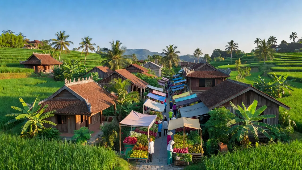 Khung cảnh thị trấn Phú Phong, huyện Tây Sơn, tỉnh Bình Định, với kiến trúc truyền thống và không gian xanh.