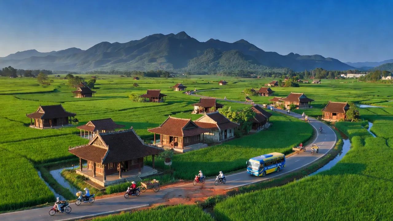 Cảnh quan xã Tây An, huyện Tây Sơn, tỉnh Bình Định với ruộng xanh và nhà truyền thống.