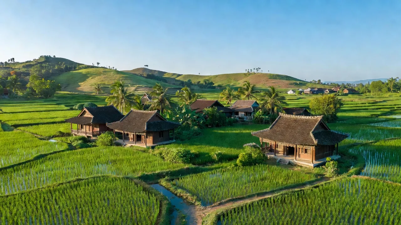 Quang cảnh xã Tây An, huyện Tây Sơn, tỉnh Bình Định với cánh đồng xanh và nhà truyền thống.