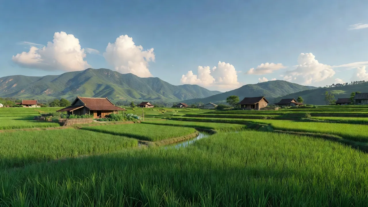 Cảnh hợp tác huyện Tây Sơn, xã Tây Bình, tỉnh Bình Định với đồng xanh và núi xa.