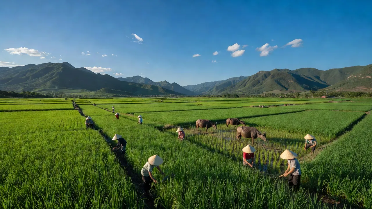 Tây Giang, Tây Sơn, Bình Định với cánh đồng xanh và núi non, thể hiện vẻ đẹp tự nhiên.