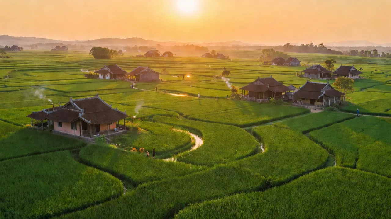 Khung cảnh xã Tây Phú, huyện Tây Sơn, Bình Định, với ruộng đồng xanh tươi và nhà truyền thống.