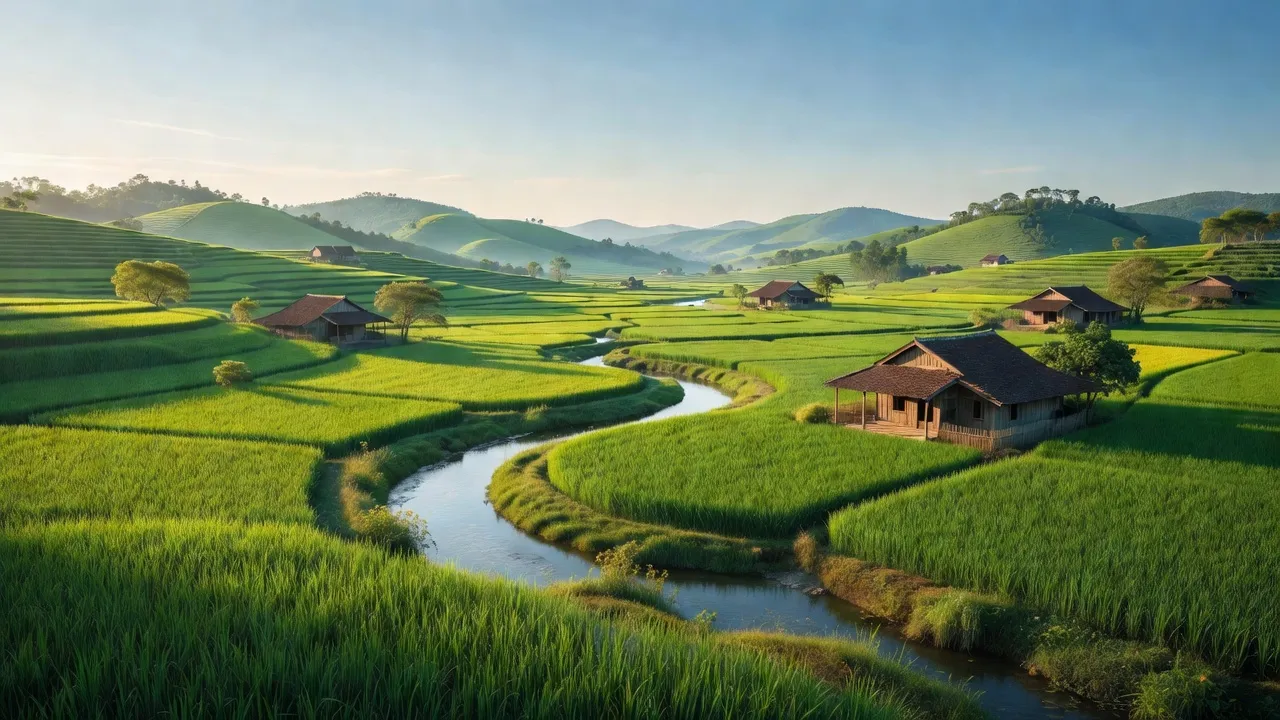 Cảnh đẹp xã Tây Thuận, huyện Tây Sơn, tỉnh Bình Định với đồng xanh, đồi nhẹ và sông nhỏ.