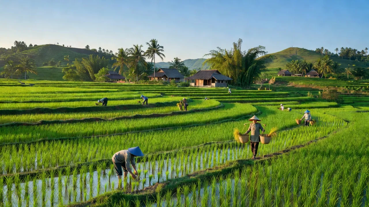 Cảnh sắc xã Tây Thuận, huyện Tây Sơn, Bình Định với ruộng xanh và nhà truyền thống.
