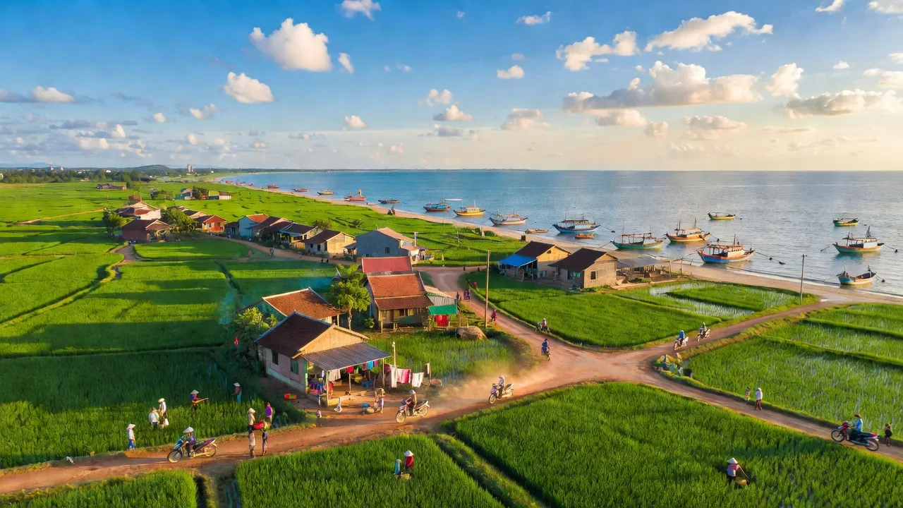 Cảnh đẹp huyện Tuy Phước, tỉnh Bình Định với đồng ruộng xanh và đường liên huyện.