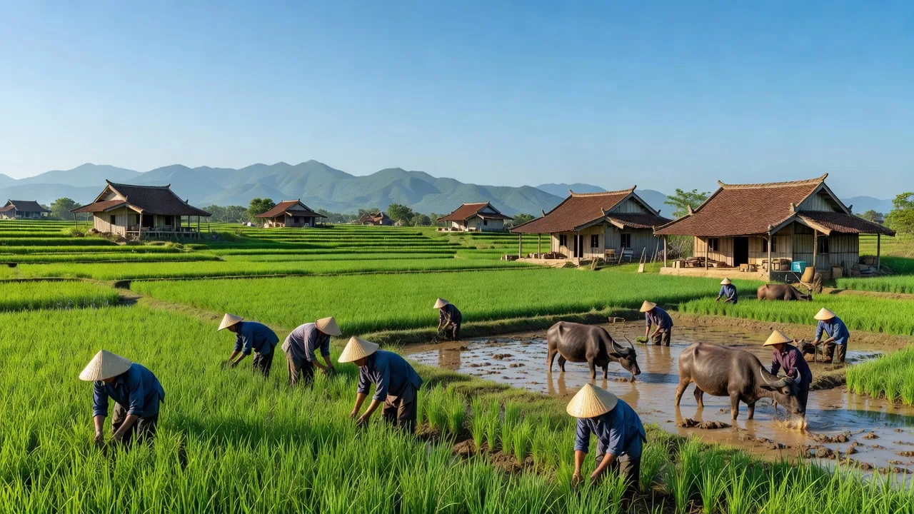 Cảnh quan Xã Phước An ở huyện Tuy Phước, tỉnh Bình Định với cánh đồng xanh và nhà truyền thống.