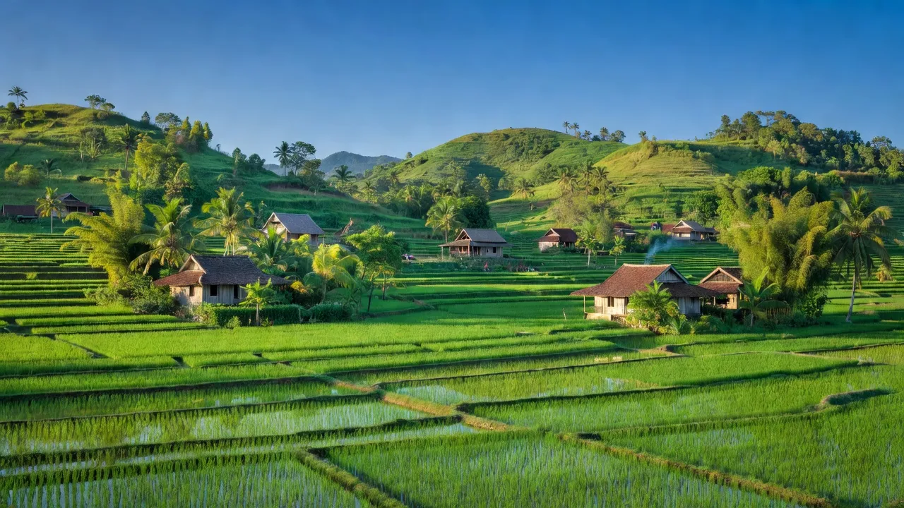 Cảnh đẹp xã Phước Hiệp, huyện Tuy Phước, Bình Định với ruộng lúa và không gian yên bình.