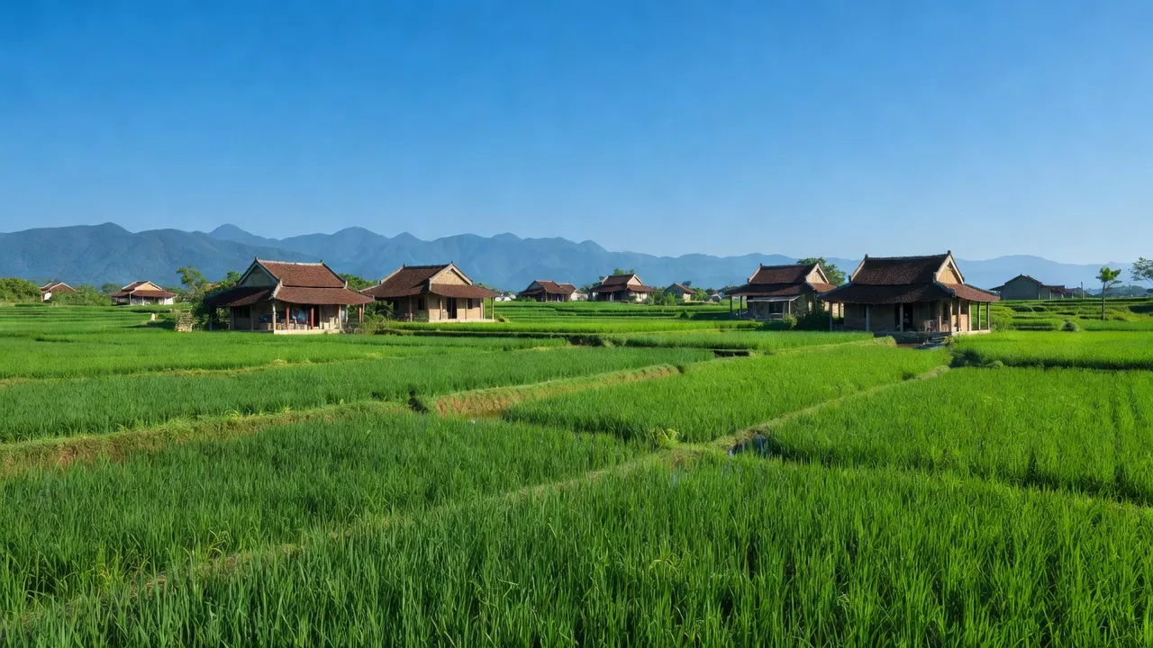 Khung cảnh xanh tươi của xã Phước Hưng, huyện Tuy Phước, tỉnh Bình Định với đồng lúa và nhà truyền thống.