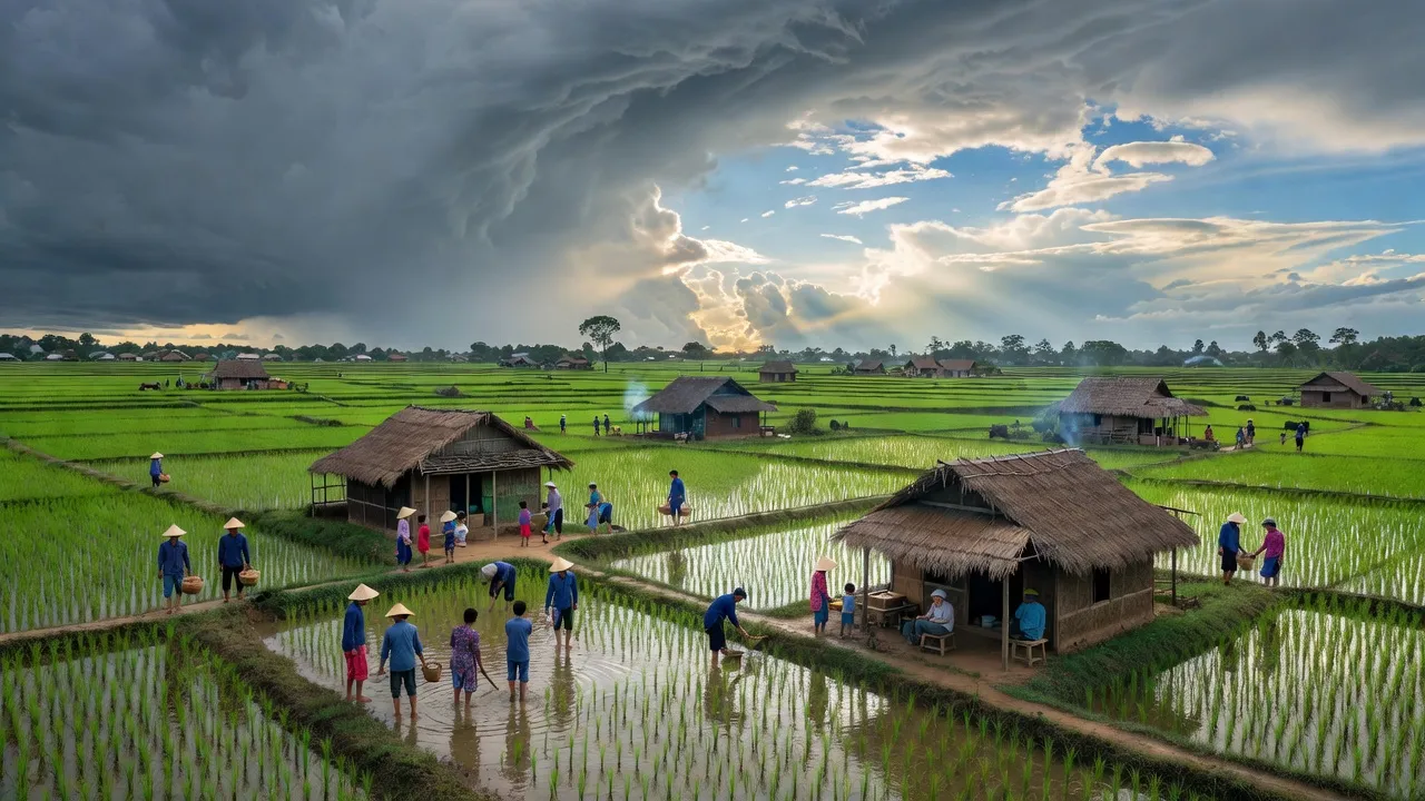 Khung cảnh xã Phước Lộc, huyện Tuy Phước, tỉnh Bình Định với đồng ruộng và nhà dân, thời tiết mùa.