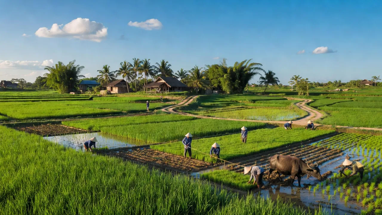 Khung cảnh xã Phước Nghĩa, huyện Tuy Phước, tỉnh Bình Định với những cánh đồng xanh tươi.