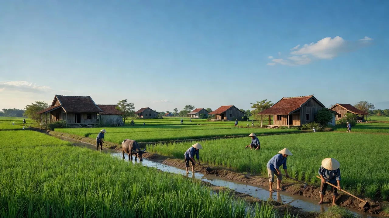 Phước Nghĩa village in Tuy Phước, Bình Định, showcasing agricultural fields and traditional houses.