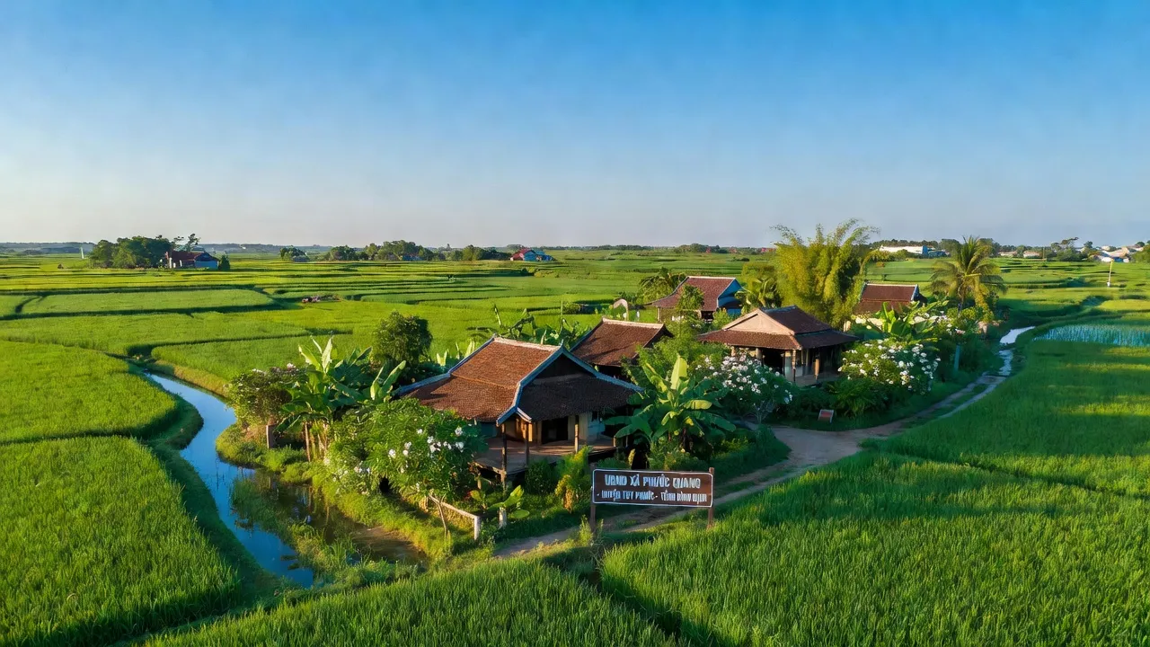 Cảnh đẹp xã Phước Quang, huyện Tuy Phước, tỉnh Bình Định với cánh đồng và nhà truyền thống.